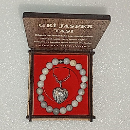 ( 2 PARÇA ) 1 SET 6030 SERİ DOĞALTAŞ KOLYE & BİLEKLİK SETİ GRİ JASPER TAŞI HEDİYE KUTULU