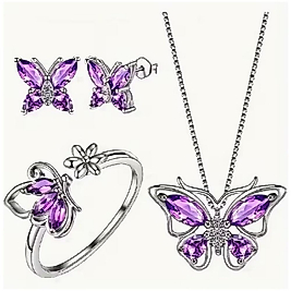 SET GÜNLÜK GİYİM & İŞ YERİ PURPLE BUTTERFLY ZİNCİRLİ KOLYE & YÜZÜK & KÜPE SETİ