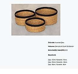 ( 3 FARKLI EBAT ) 1 SET HASIR ÖRGÜ SEPET EV DEKORASYON YUVARLAK ÇAKA SEPET ( MODEL SİYAH KENAR )