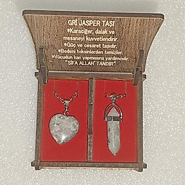 ( 2 ADET ) 1 SET 2000 SERİ DOĞALTAŞ KOLYE SETİ ÇİFTLİ HEDİYE KUTULU GRİ JASPER TAŞI KOLYE