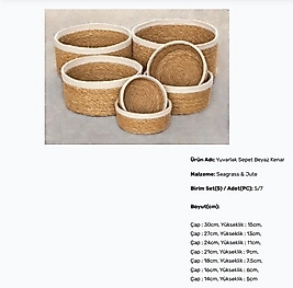 ( 7 FARKLI EBAT ) 1 SET HASIR ÖRGÜ SEPET EV DEKORASYON YUVARLAK ÇAKA SEPET ( MODEL BEYAZ KENAR )
