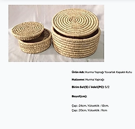 ( 2 FARKLI EBAT ) 1 SET HASIR ÖRGÜ KAPAKLI SEPET EV DEKORASYON YUVARLAK ÇAKA SEPET (MODEL HURMA YAPRAĞI)