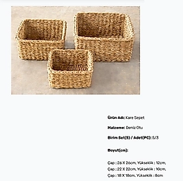 ( 3 FARKLI EBAT ) 1 SET HASIR ÖRGÜ SEPET EV DEKORASYON KARE SEPET