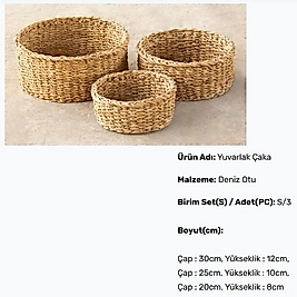 ( 3 FARKLI EBAT ) 1 SET HASIR ÖRGÜ SEPET EV DEKORASYON YUVARLAK SEPET