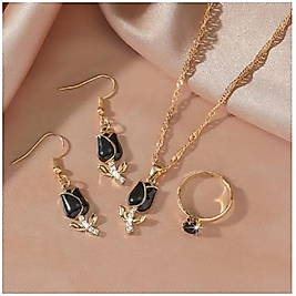 SET GÜNLÜK GİYİM & İŞ YERİ BLACK TULIP ZİNCİRLİ KOLYE & YÜZÜK & KÜPE SETİ