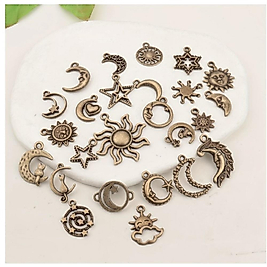 (50 X ADET) 1 SET KARIŞIK ANTİKA BRONZ GÜNEŞ & AY & YILDIZ / BİLEKLİK & KÜPE & KOLYE UCU