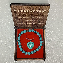 ( 2 PARÇA ) 1 SET 6040 SERİ DOĞALTAŞ KOLYE & BİLEKLİK SETİ TURKUAZ TAŞI HEDİYE KUTULU